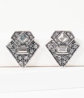 Vintage Style Silver Rhinestone Art Deco Post Earrings
