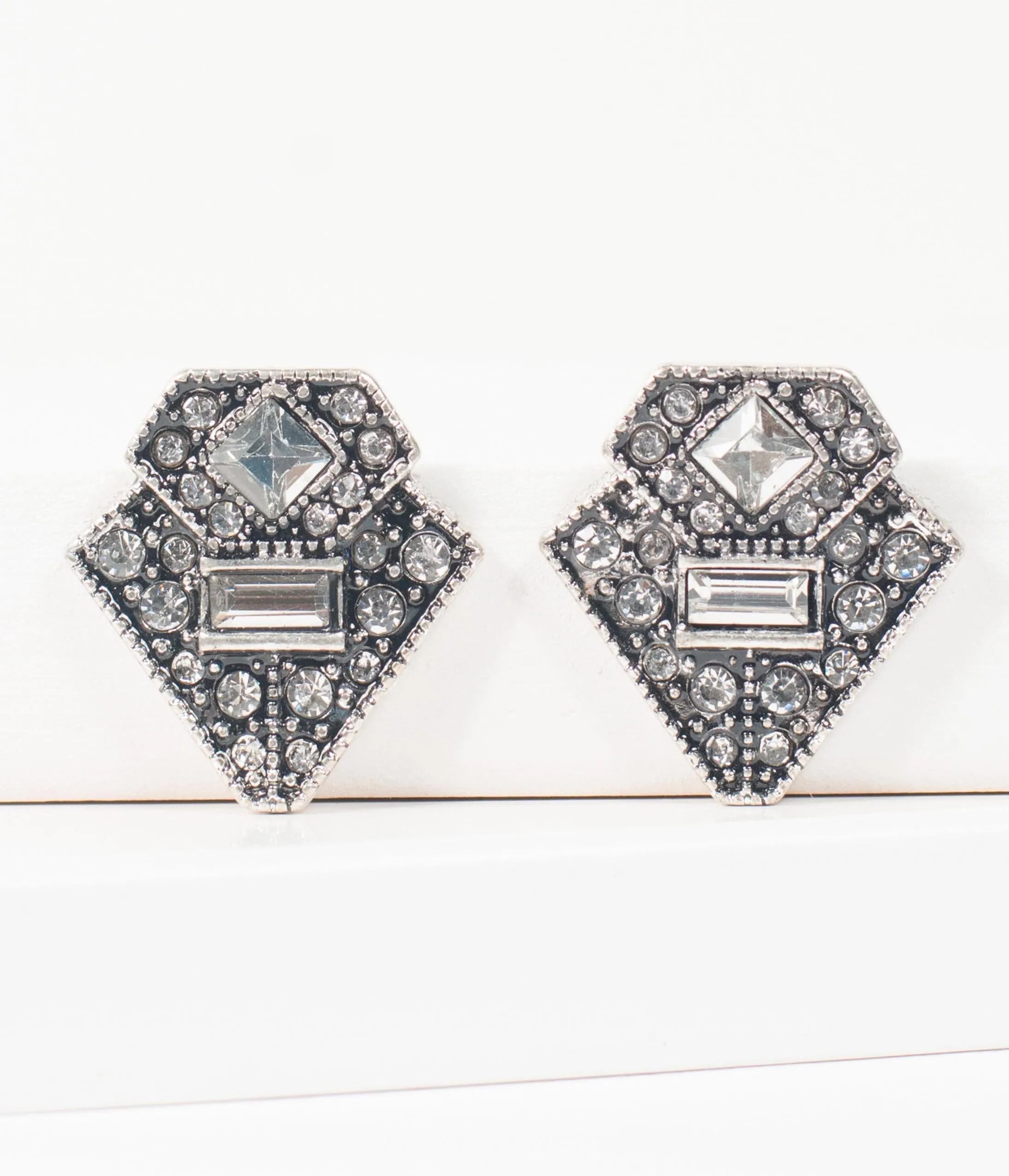 Vintage Style Silver Rhinestone Art Deco Post Earrings