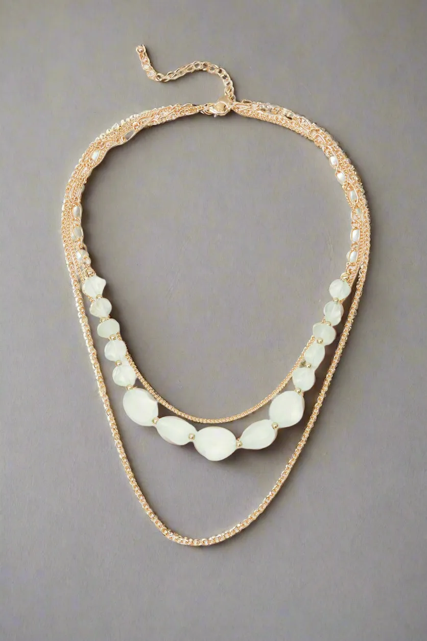 Women Gold And White Pearl Earrings Layered Necklace