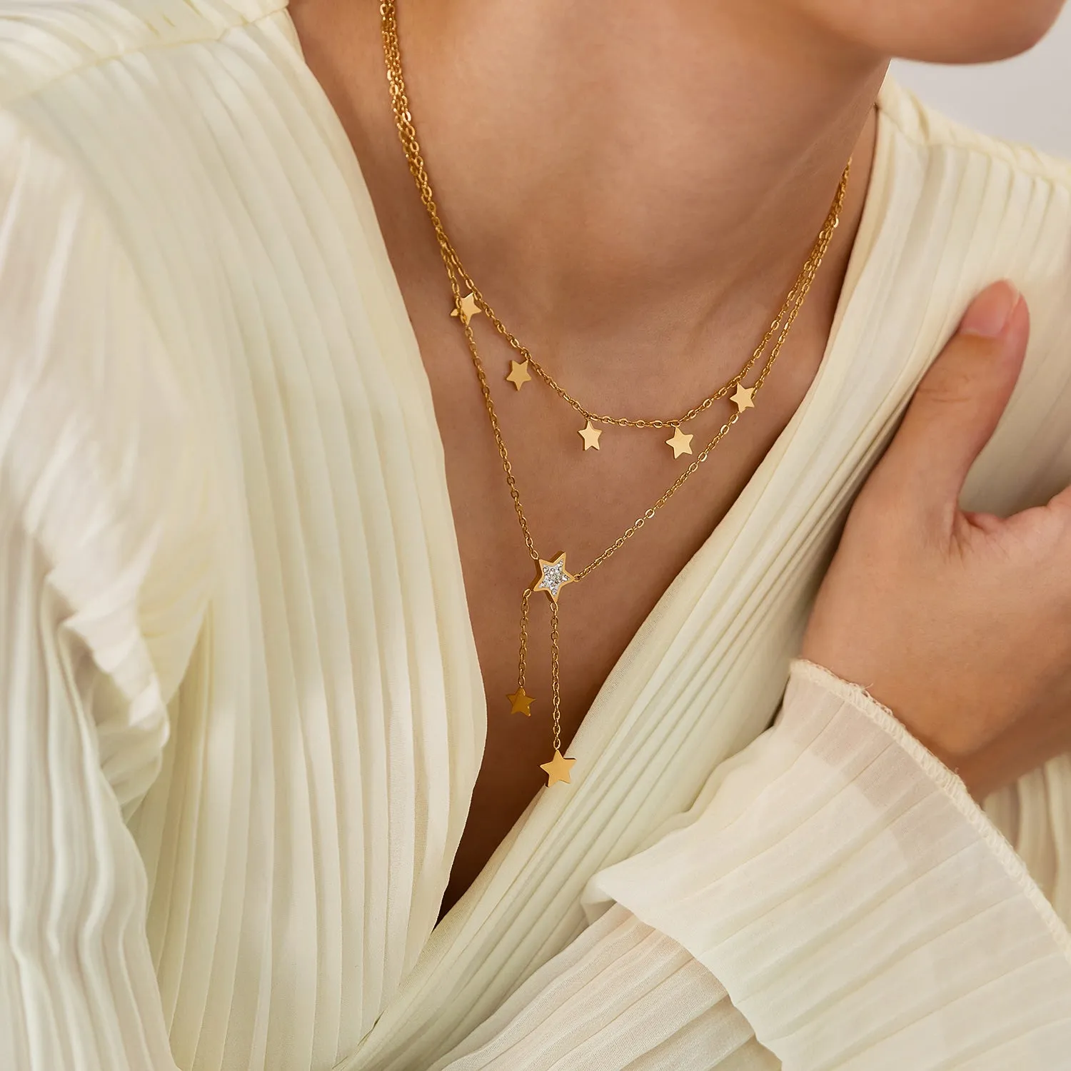 Women's Gold Star Drop Pendant Necklace - Chic Layered Chain with Crystal Accents
