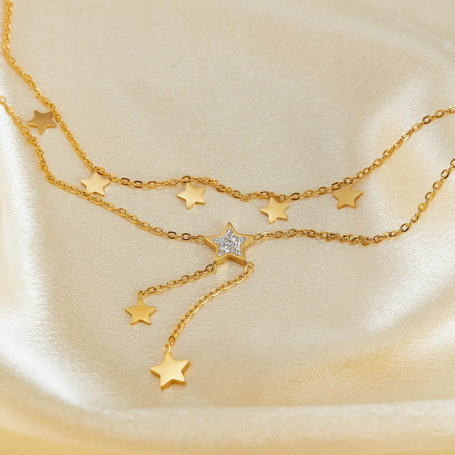 Women's Gold Star Drop Pendant Necklace - Chic Layered Chain with Crystal Accents