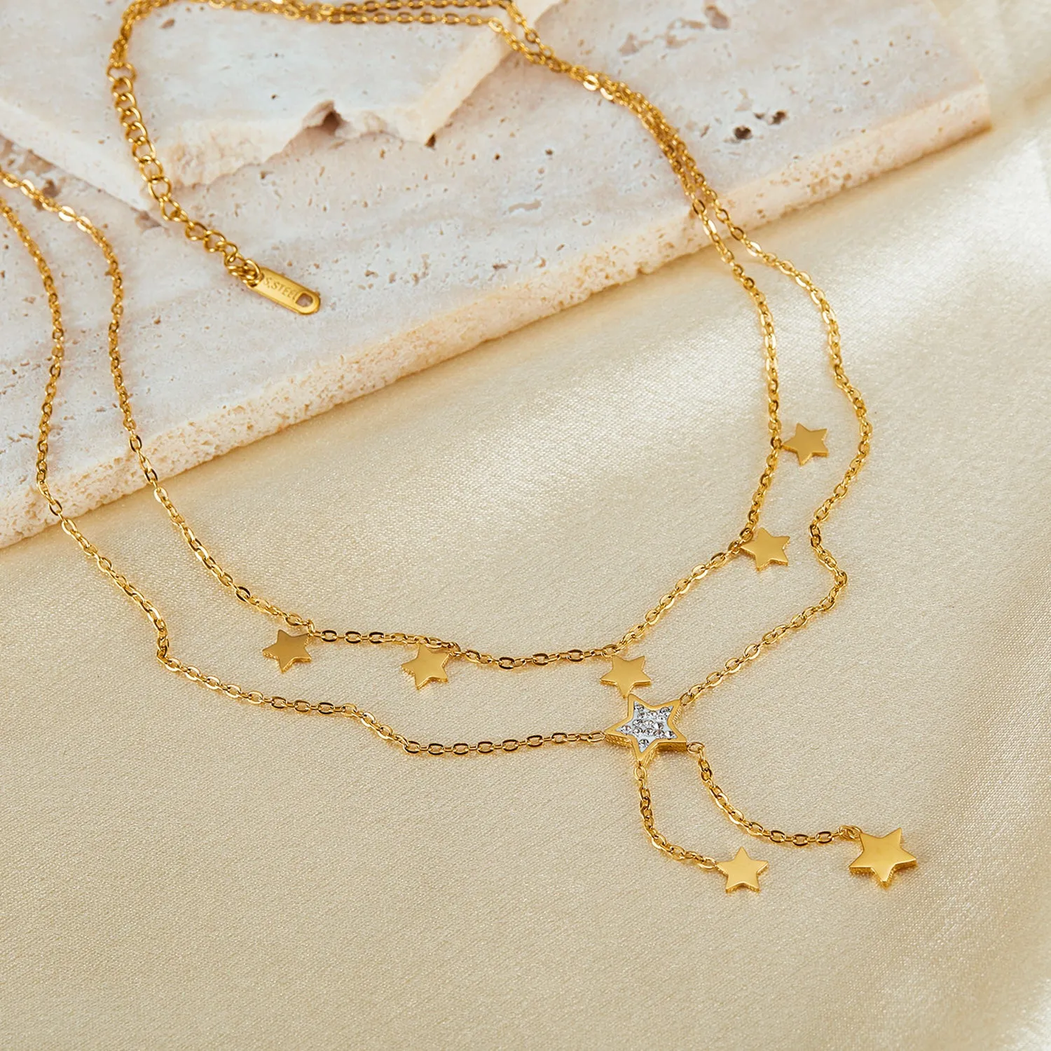 Women's Gold Star Drop Pendant Necklace - Chic Layered Chain with Crystal Accents