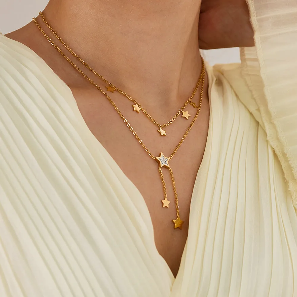 Women's Gold Star Drop Pendant Necklace - Chic Layered Chain with Crystal Accents