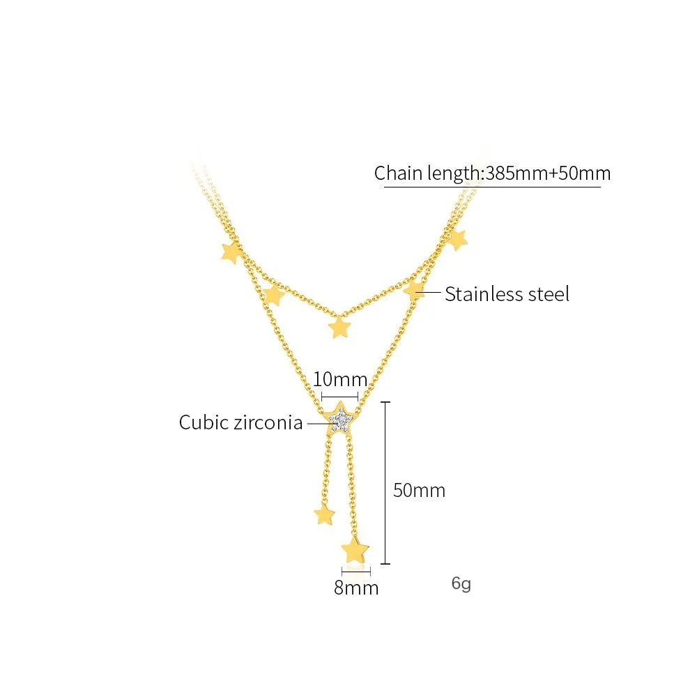 Women's Gold Star Drop Pendant Necklace - Chic Layered Chain with Crystal Accents