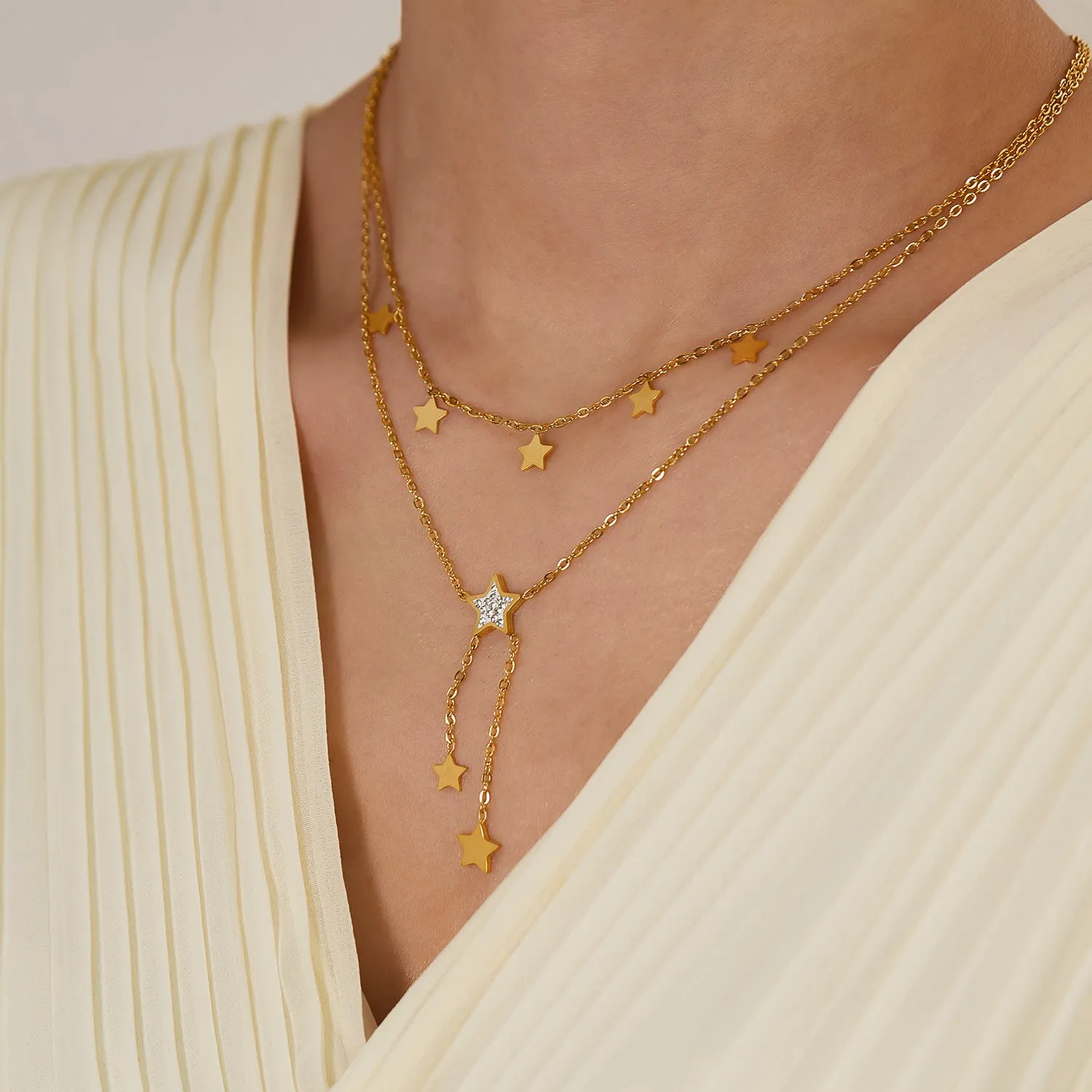 Women's Gold Star Drop Pendant Necklace - Chic Layered Chain with Crystal Accents
