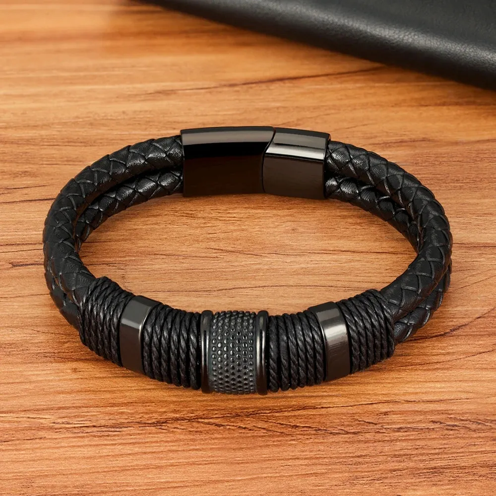 XQNI Woven Leather Rope Wrap Special Style Classic Stainless Steel Men's Leather Bracelet Double-layer Design DIY Customization
