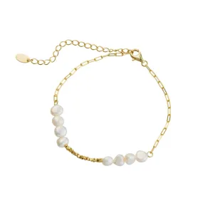 Yellow Gold Plated Freshwater Pearl And Paperclip Bracelet